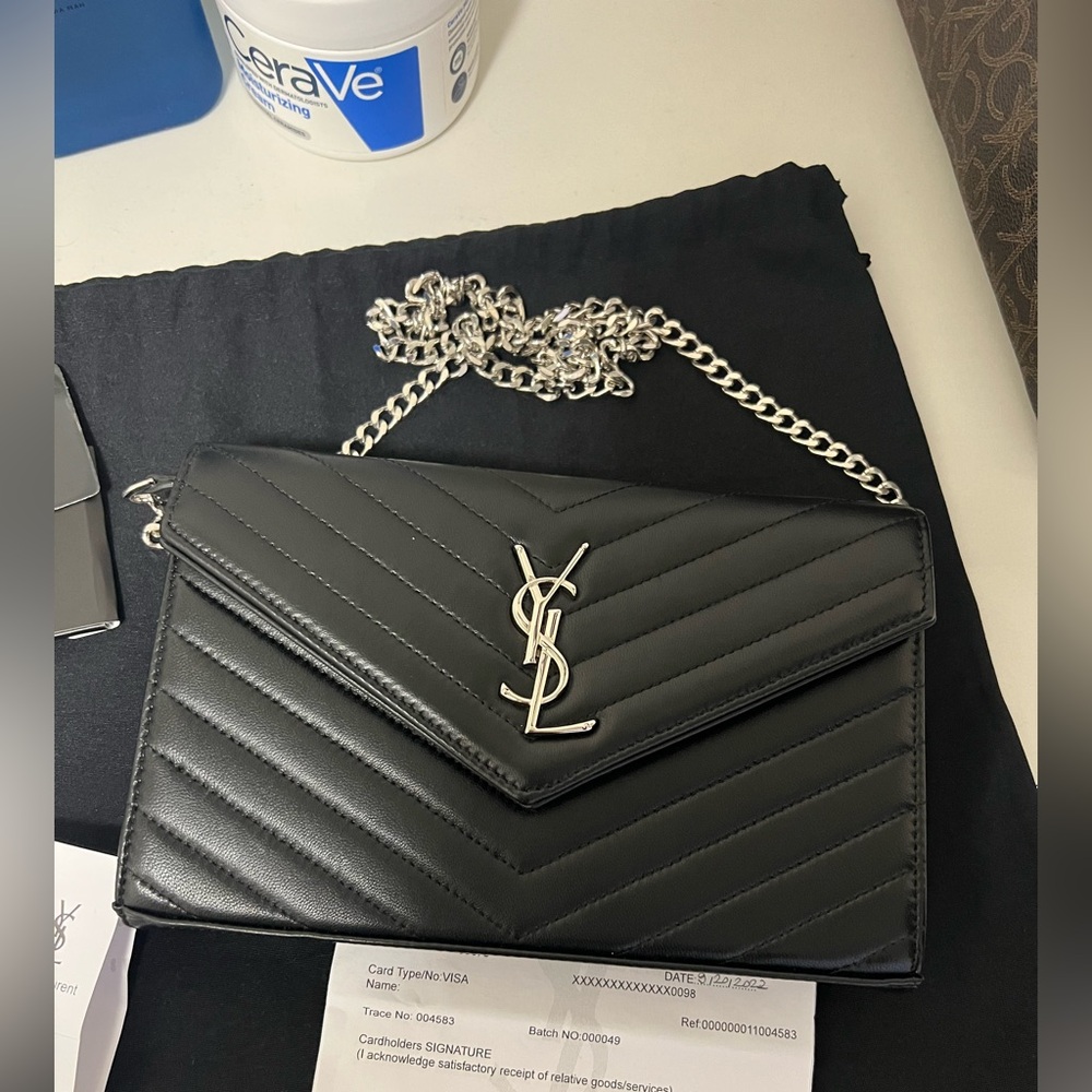 Yves Saint Laurent Black Chevron Chain Clutch